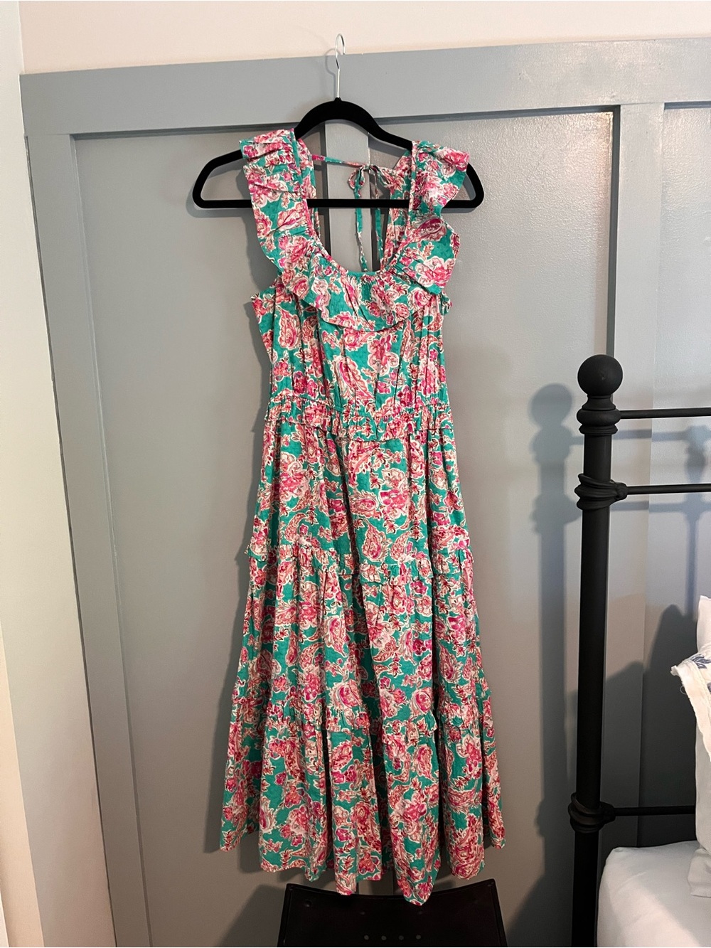 J. Crew Pink & Green Floral Ruffle Maxi Dress